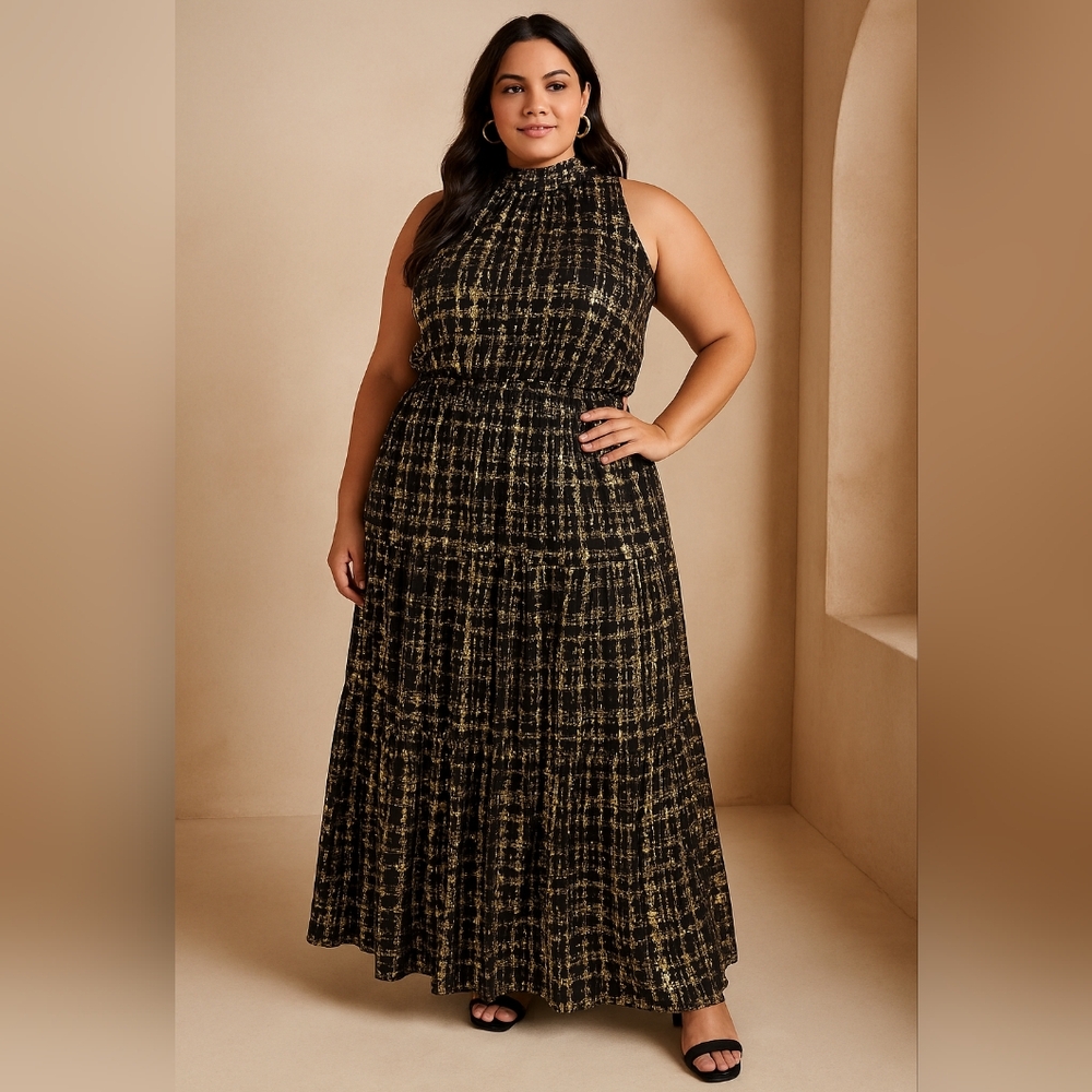 MSK XL Metallic Gold Black Maxi Dress | Boho Glam Tiered Skirt | Holiday Party